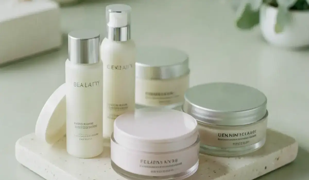Clean beauty bottles arranged on a pale stone tray