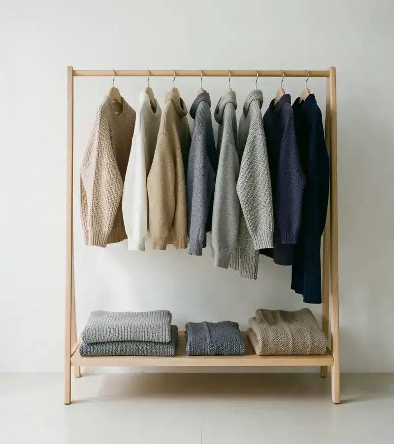 Neutral clothing rack with folded knitwear in a daylight studio