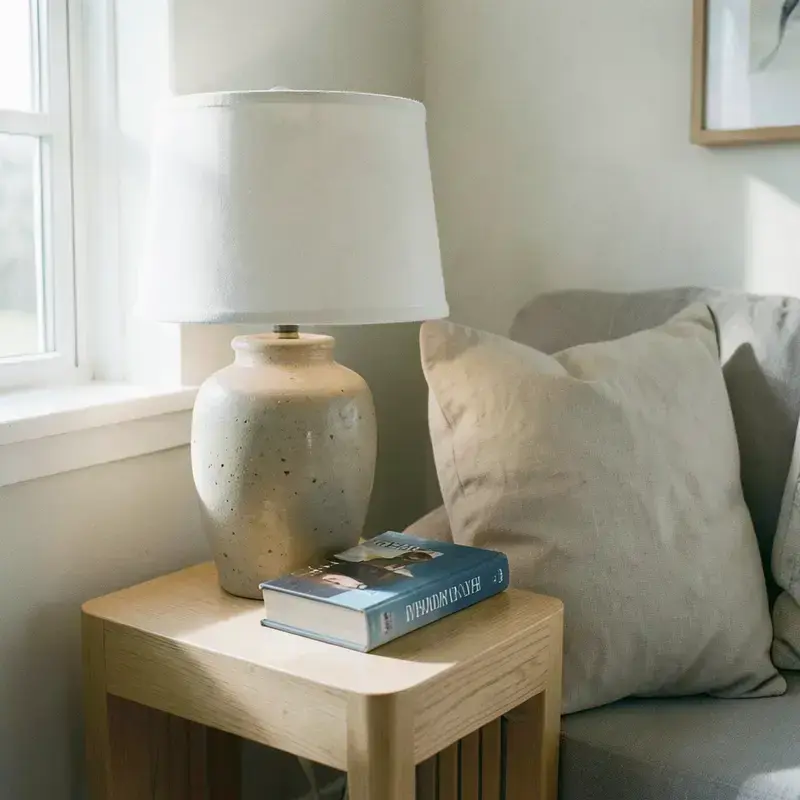 Minimal living room still life with ceramic lamp and linen cushion