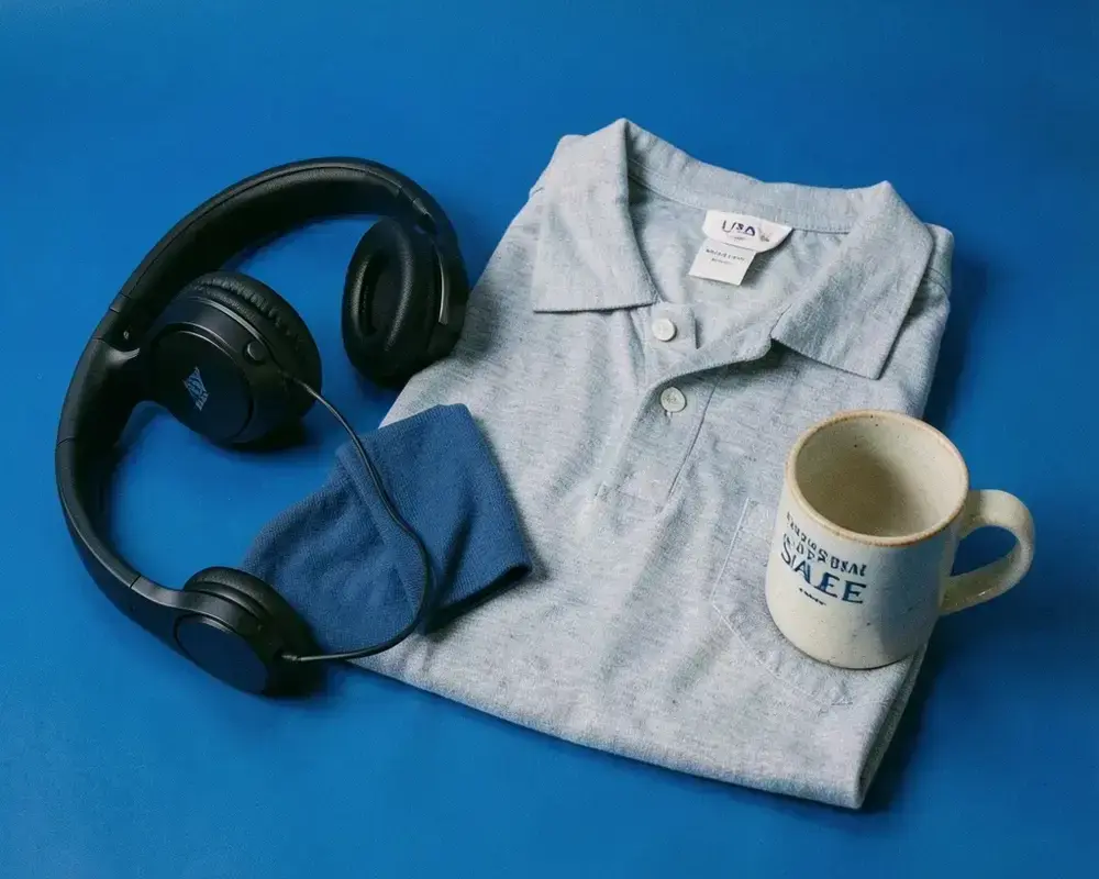 Seasonal selection of headphones, shirt and mug photographed in the studio