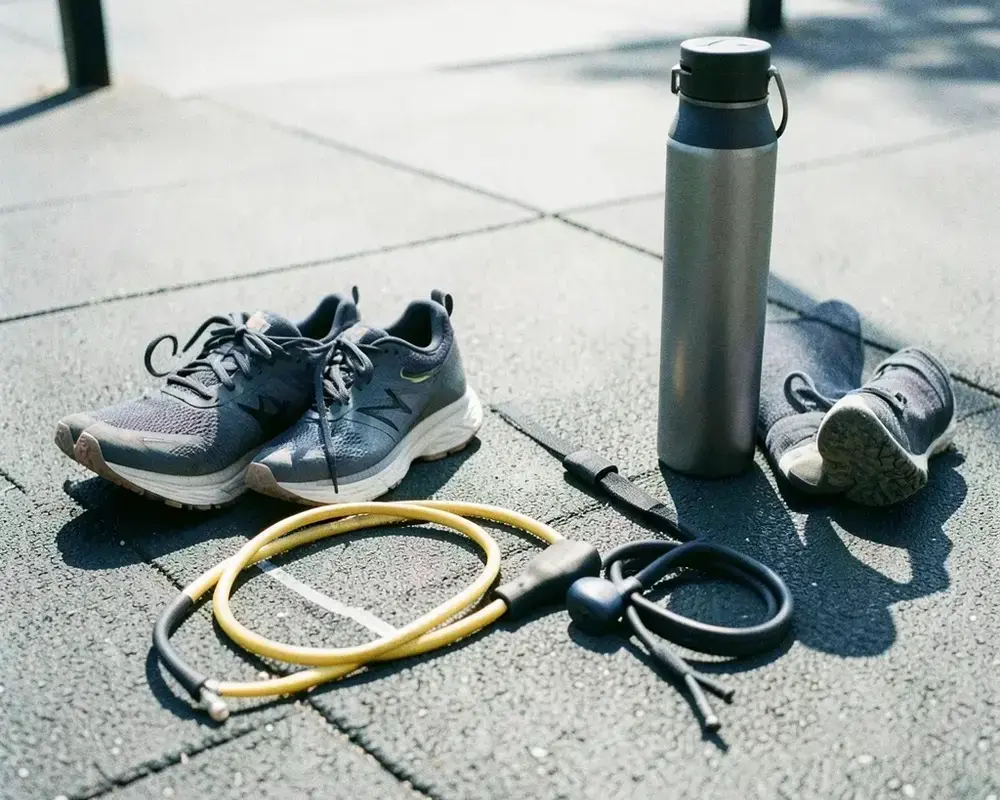 Training gear laid out on rubber floor in a bright gym