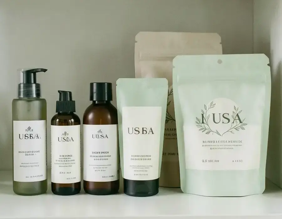 Skincare bottles and refill pouches arranged on a pale shelf