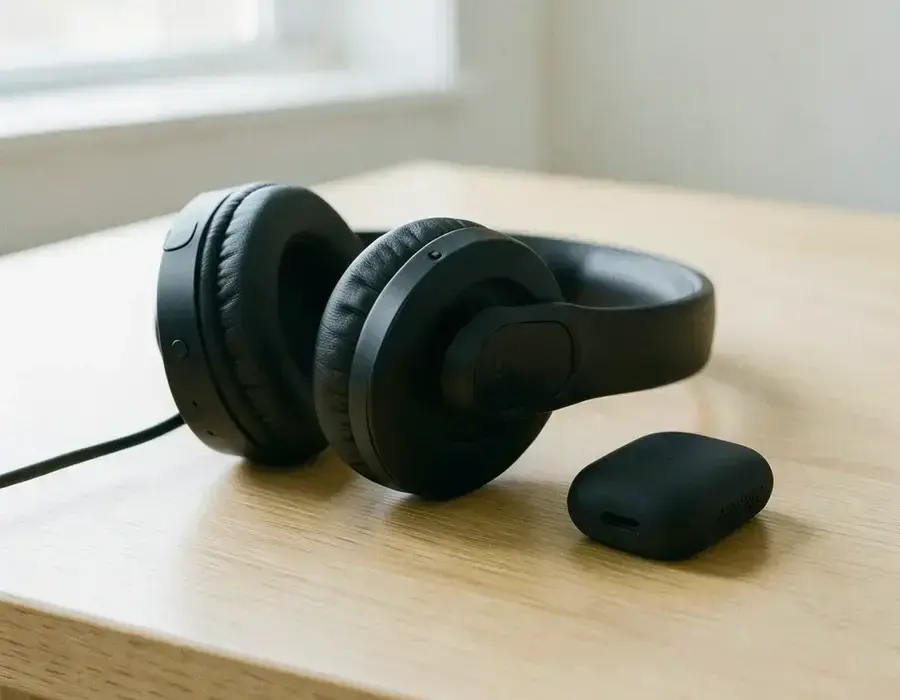 Over-ear headphones and a small bluetooth speaker on a light desk