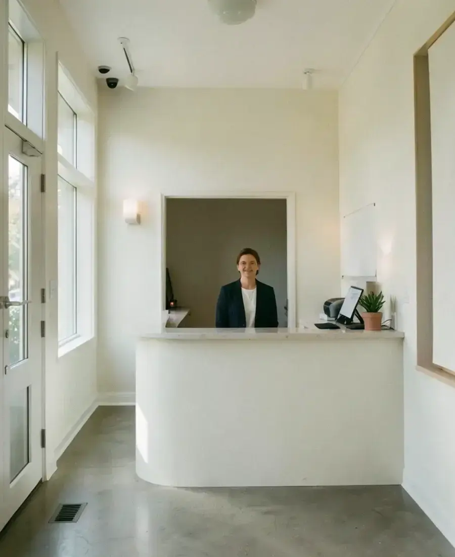 Headwhitbona studio entrance with a small reception counter and daylight windows