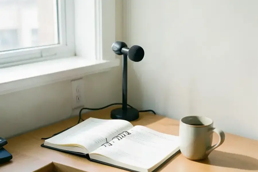 Support desk corner with a headset, notebook and a cup of coffee