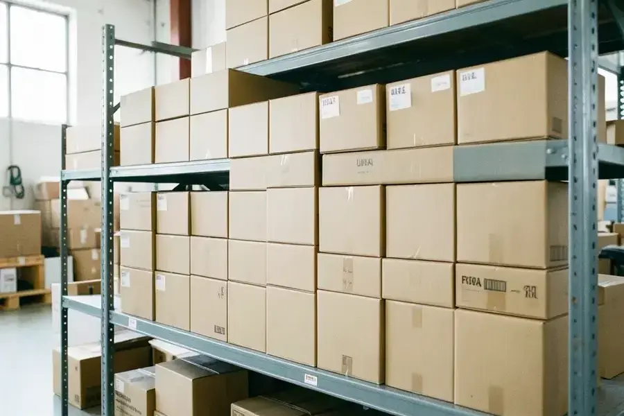 Curated shelf of boxed products in a bright storage room