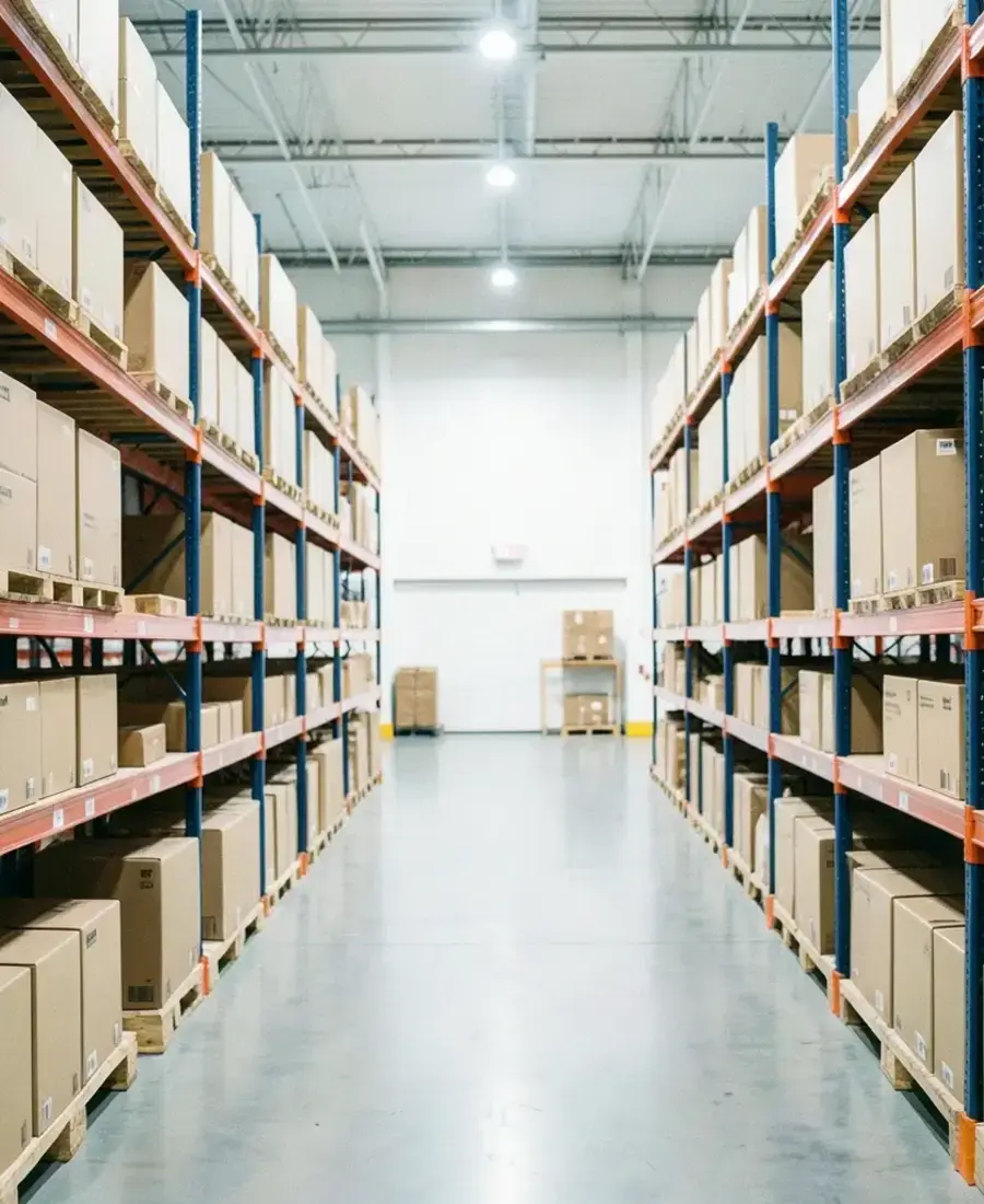 Warehouse shelves with cartons prepared for a brand partner dispatch