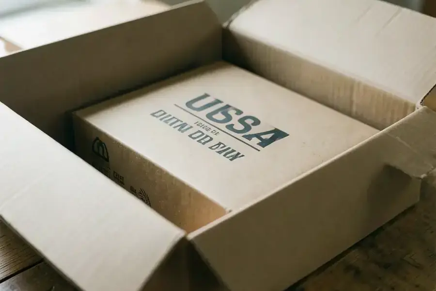 Close detail of a branded kraft insert being placed into a cardboard box