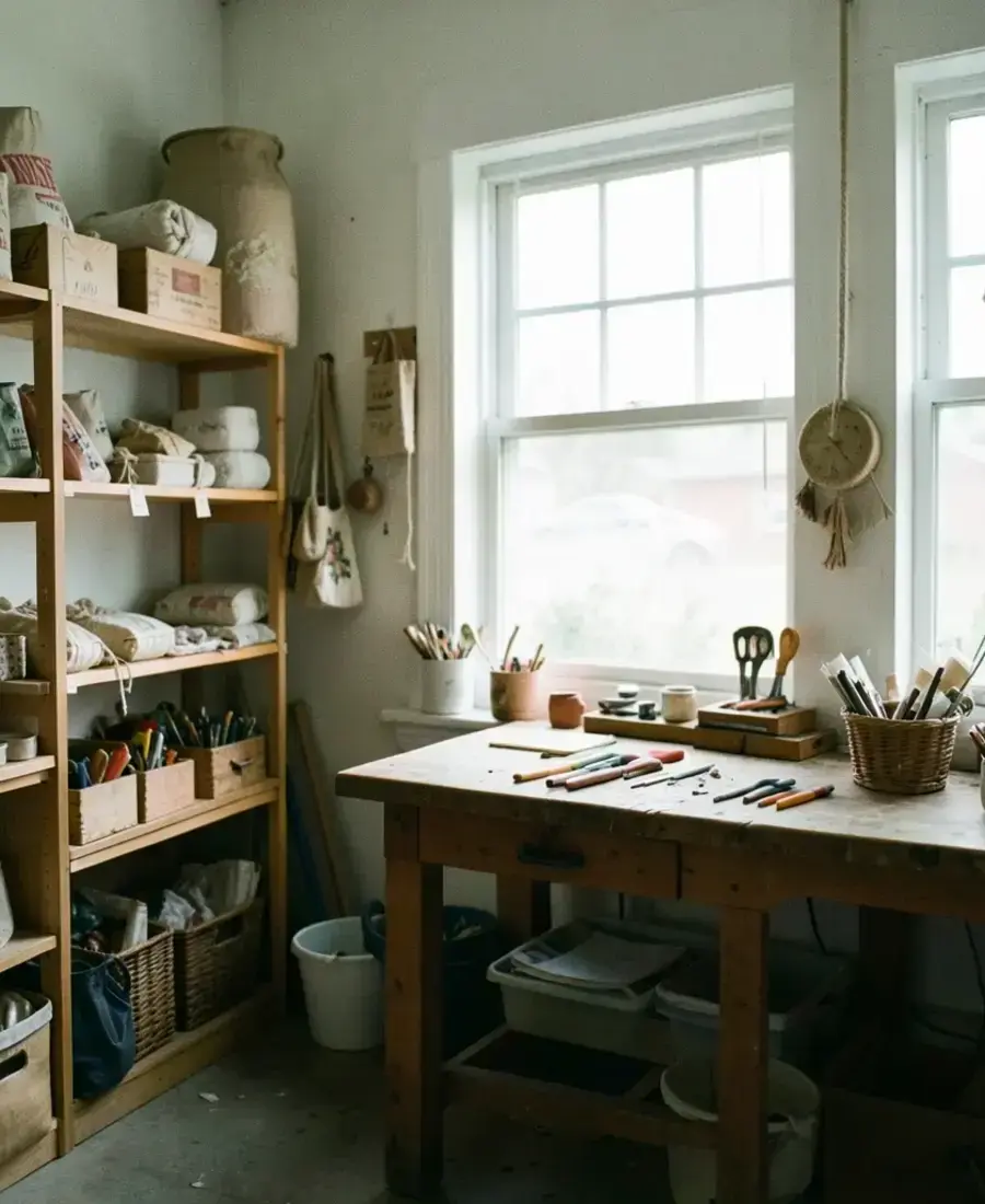 Small brand workshop with shelves of handmade goods and a workbench