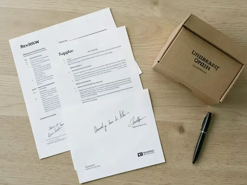 Documents and a sample order spread across a desk during a brand review