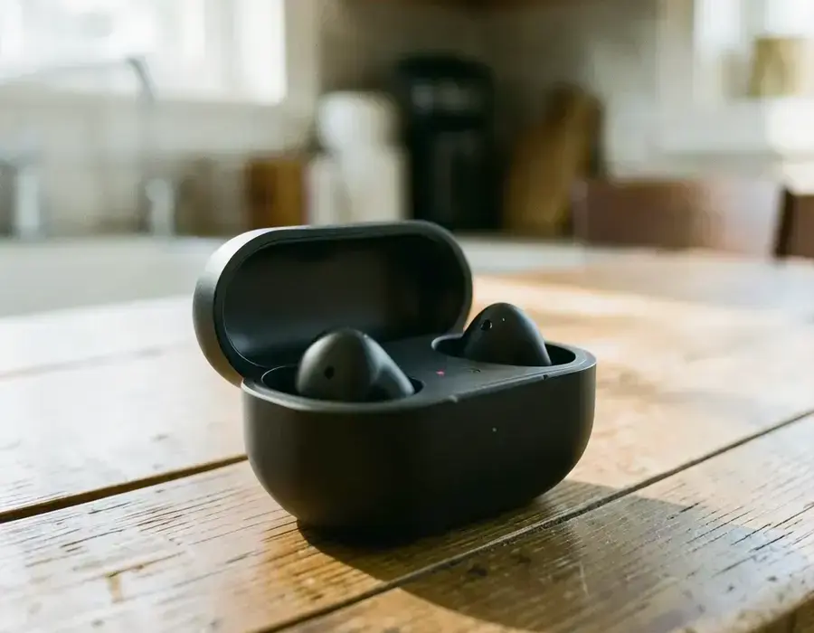 Noise cancelling earbuds in an open charging case on a kitchen table