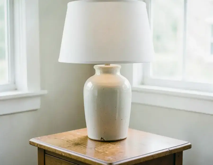 Chipped ceramic table lamp on a wooden side table