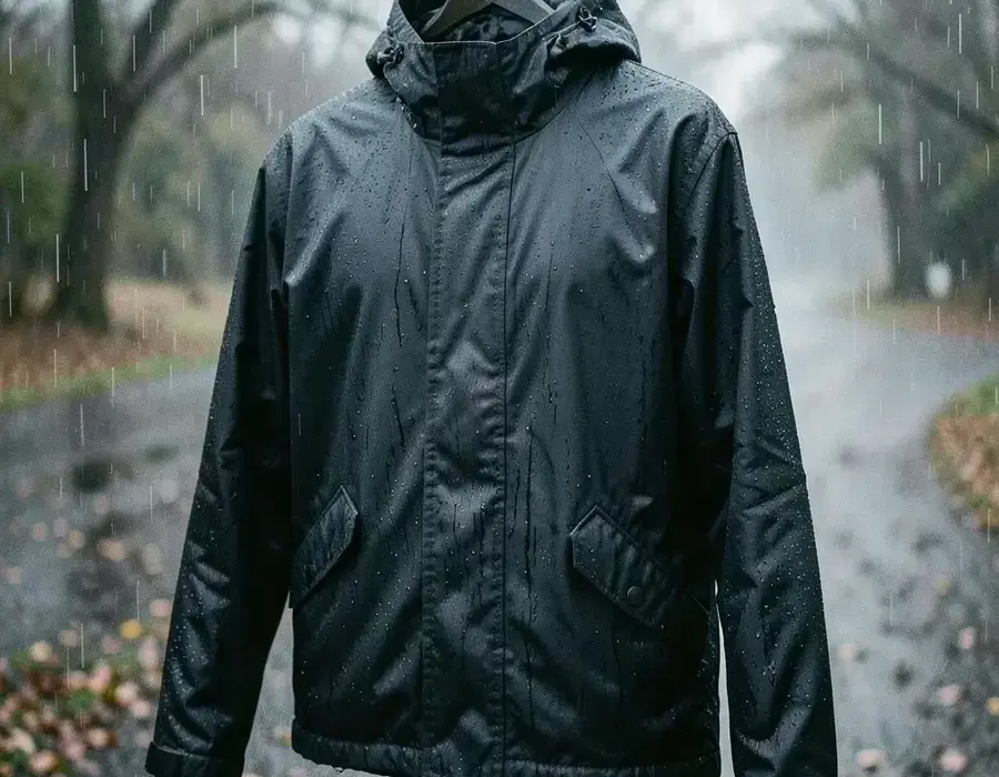 Waterproof shell jacket hanging in a wet outdoor setting