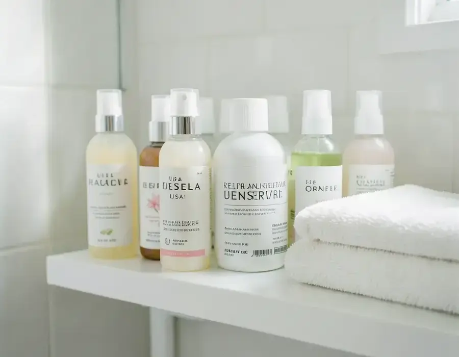 Refillable skincare bottles lined up on a bathroom shelf