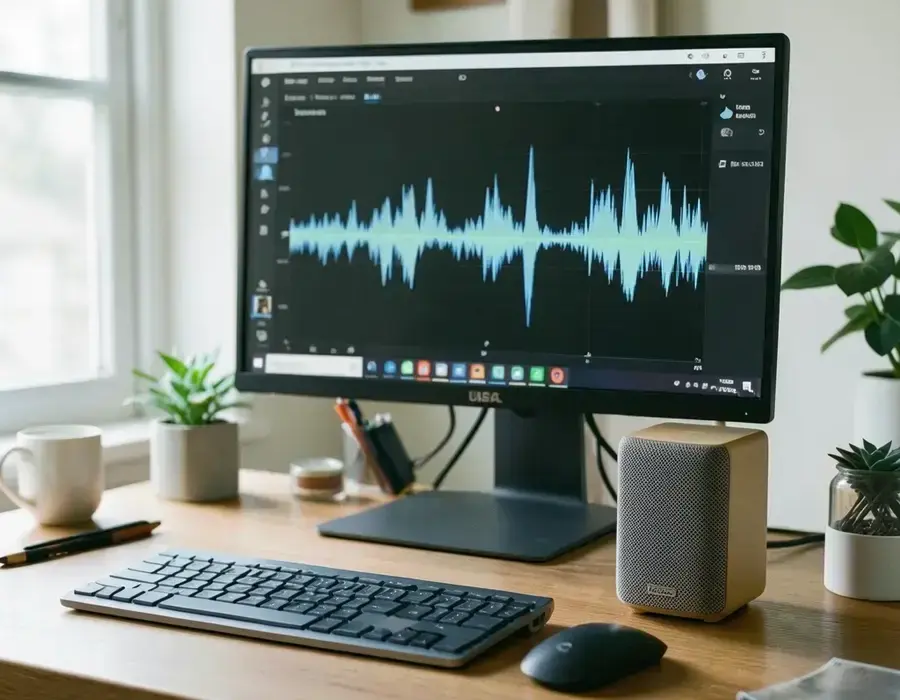 Desk with a small speaker and a monitor showing a waveform