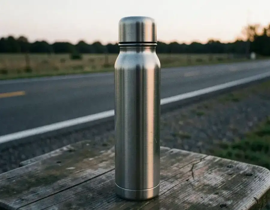 Insulated travel bottle on a roadside table at dusk