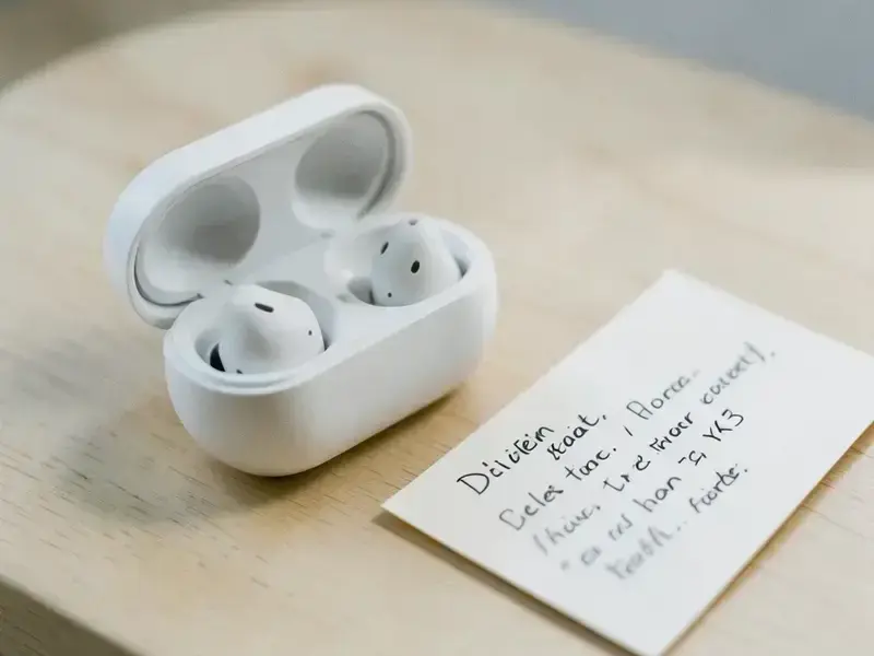 Earbuds resting on a table beside a written delivery note