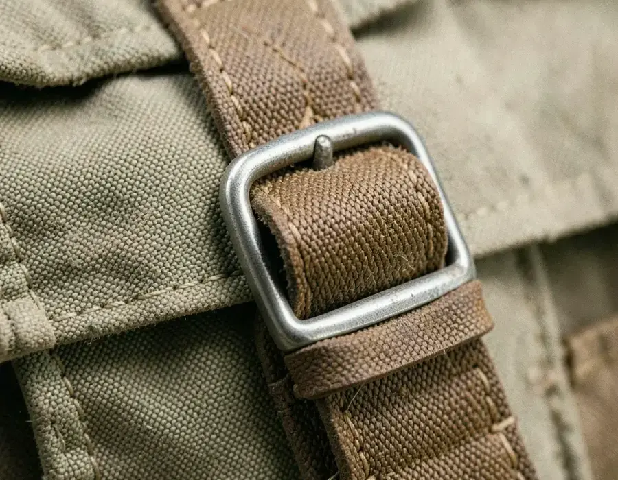 Close-up of stitching detail on a canvas bag in the studio