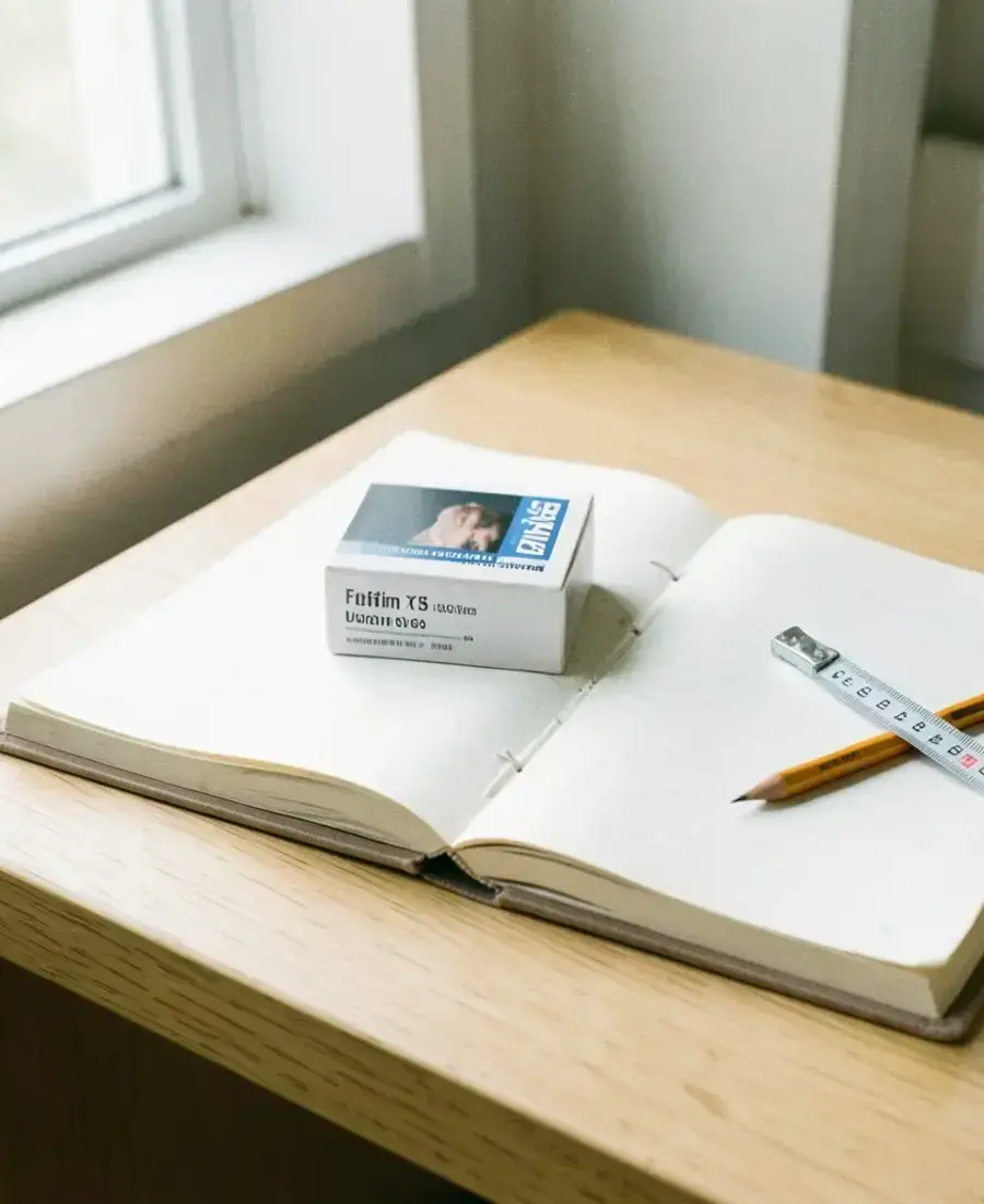 Curator at a desk reviewing a product sample with notes and a measuring tape