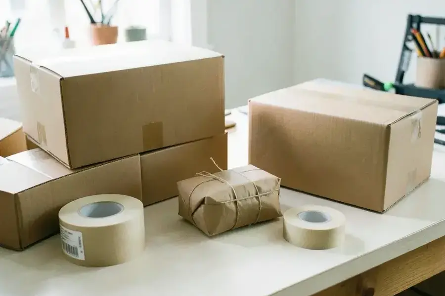 Studio packing table with recycled cardboard boxes and paper tape