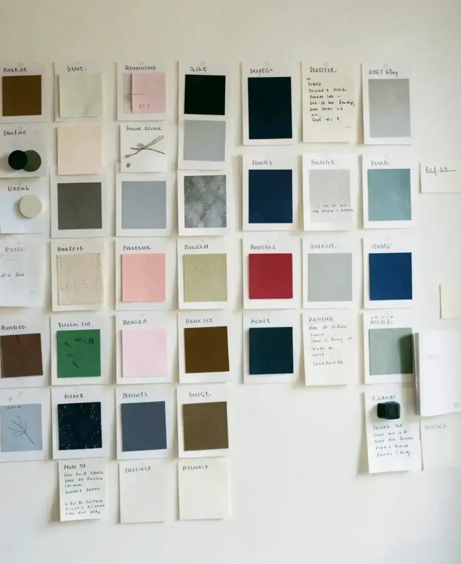 Wall of product samples and handwritten notes in the headwhitbona studio