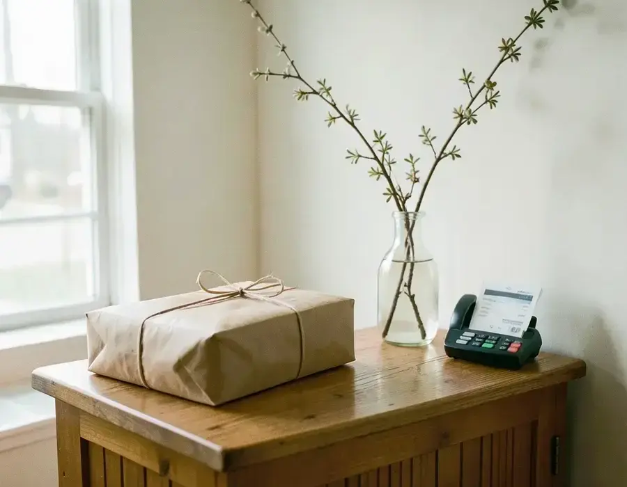 Welcome counter of the headwhitbona studio with a small parcel ready