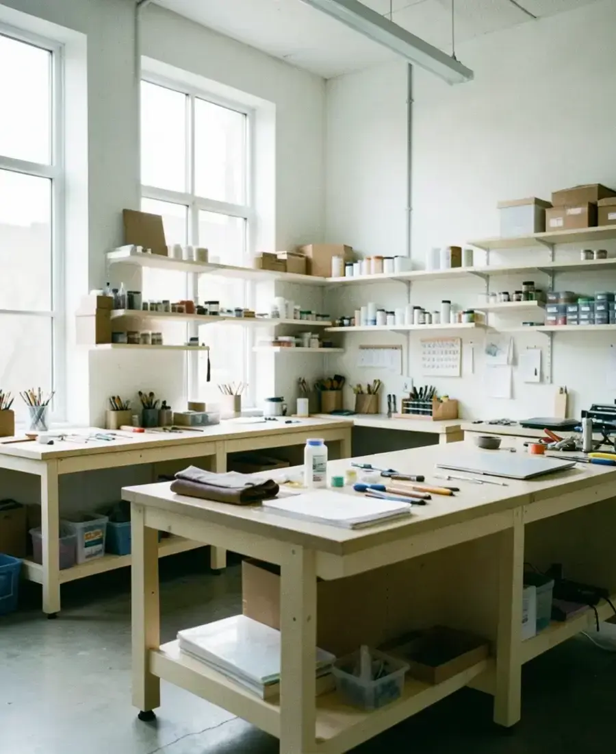 Wide view of the headwhitbona studio with benches, shelves and daylight windows
