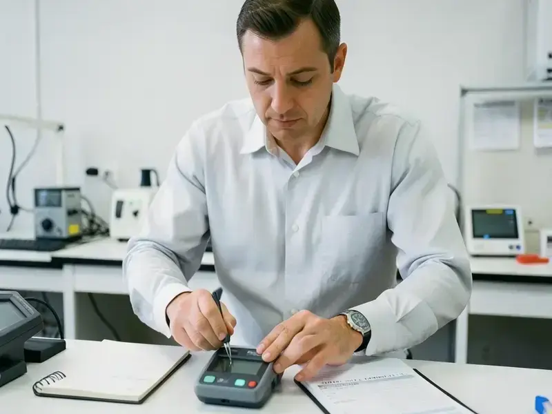 Curator running a bench test on a small electronic device
