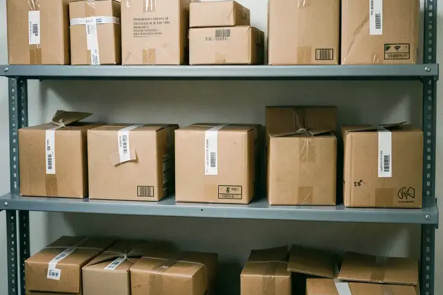 Packed orders ready on a studio dispatch shelf