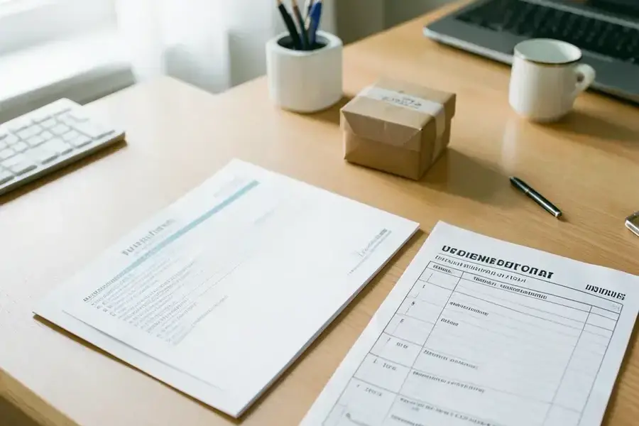 Desk with a brand application form, sample parcel and checklist