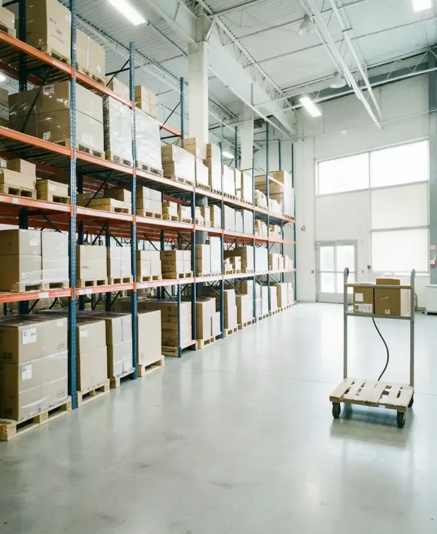Wide view of a bright logistics space with parcels on steel shelving