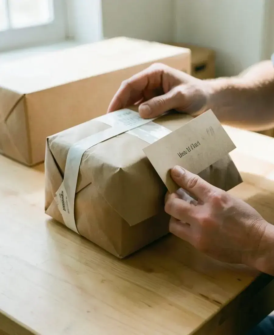 Hands wrapping a parcel with paper tape and a kraft card